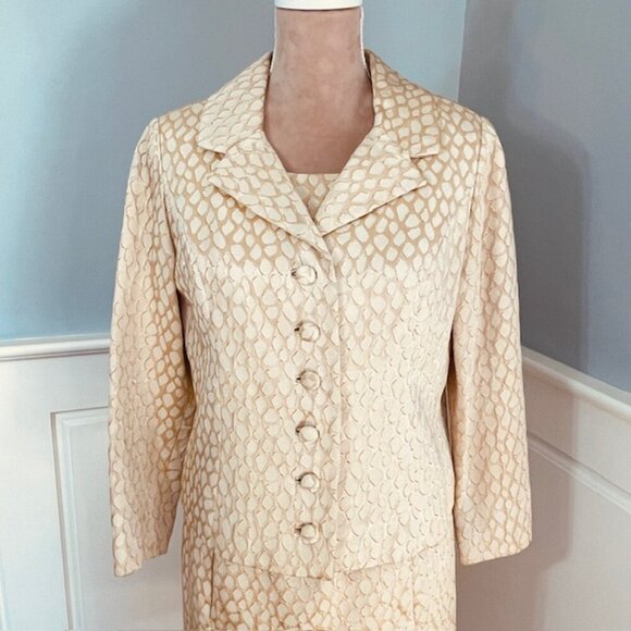 Lillie Rubin Vintage Jacket Dress Set Champagne Brocade 2-Piece Suit Small - Picture 2 of 14